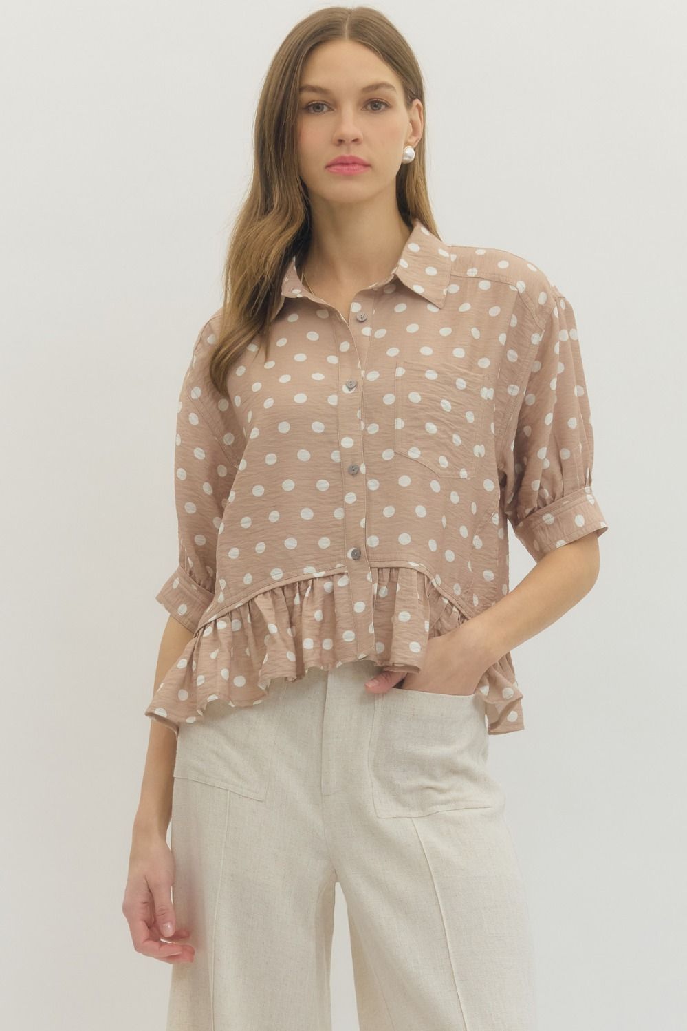 Timeless Charm Polka Dot Blouse in Sand