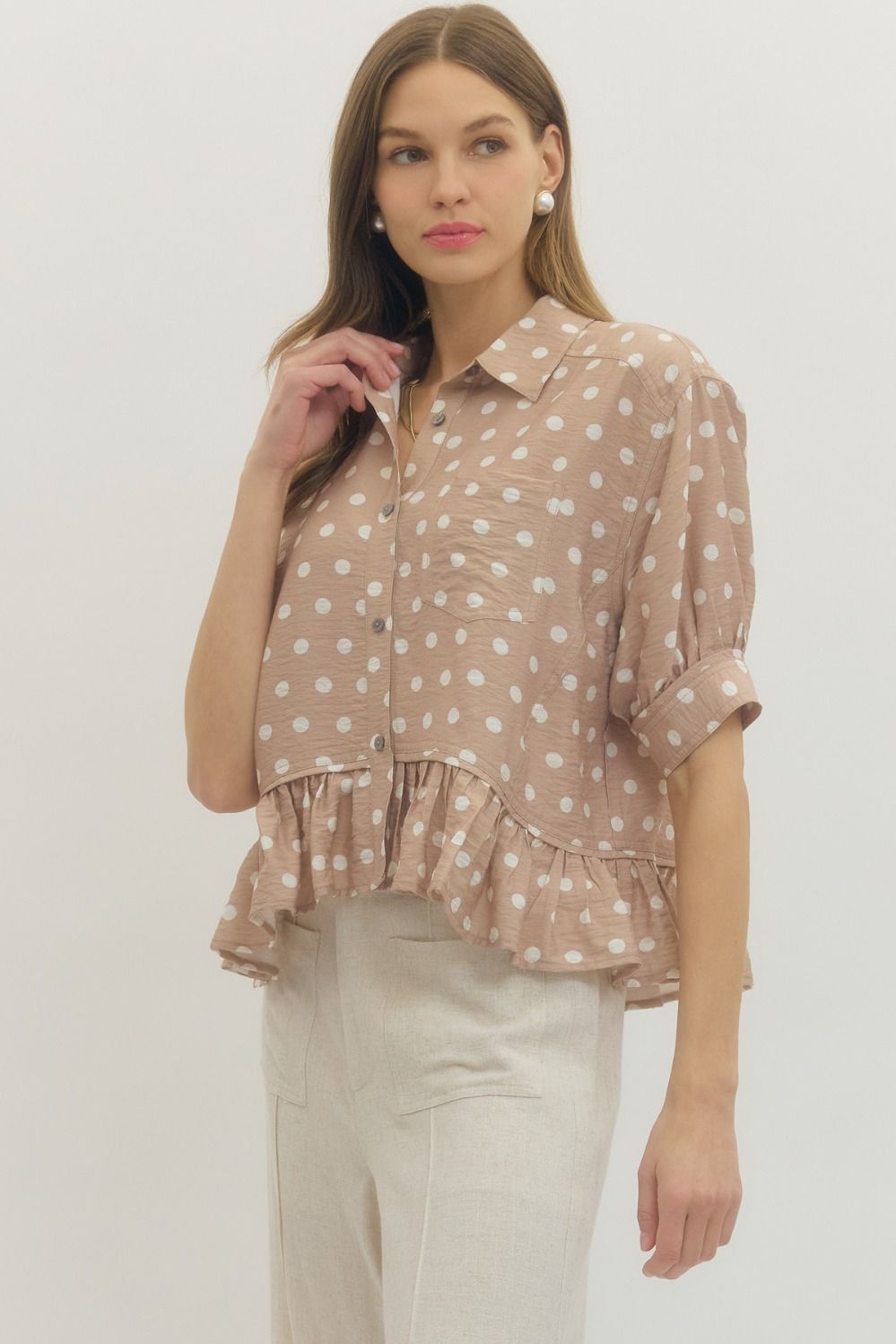 Timeless Charm Polka Dot Blouse in Sand