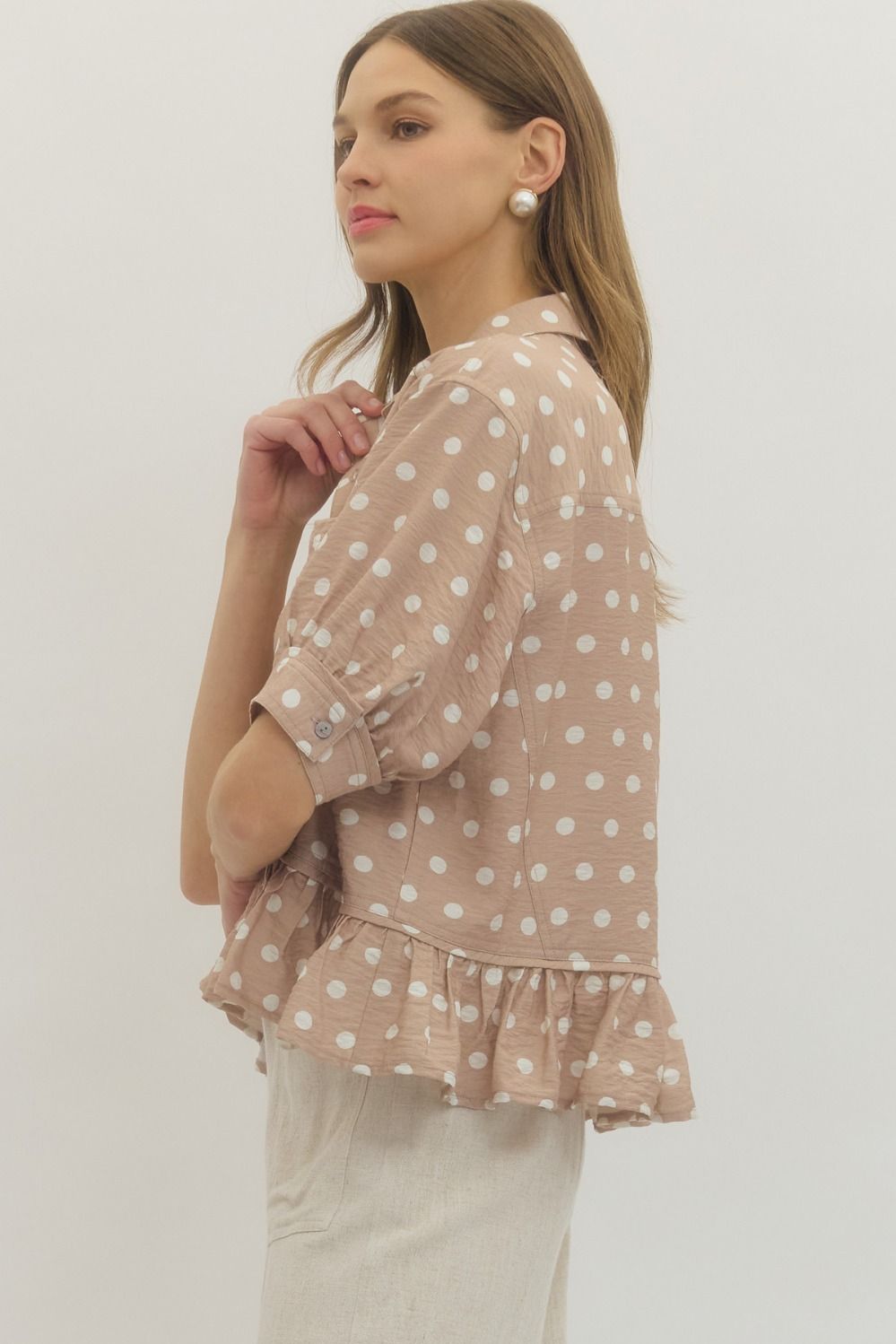 Timeless Charm Polka Dot Blouse in Sand