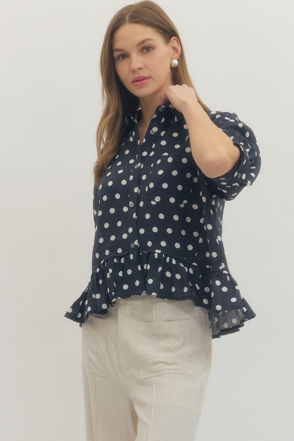 Timeless Charm Polka Dot Blouse in Navy