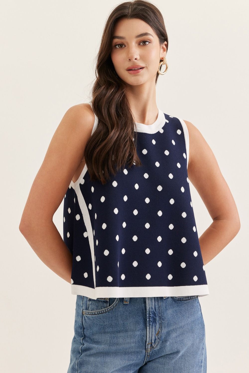 Madelynn Navy Polka Dot Knit Tank