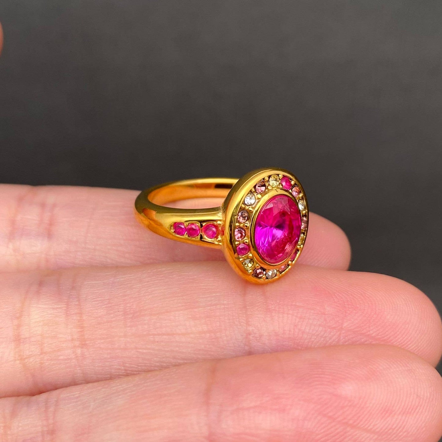 Zircon Inlaid 18K Gold Plated Stainless Steel Oval Ring