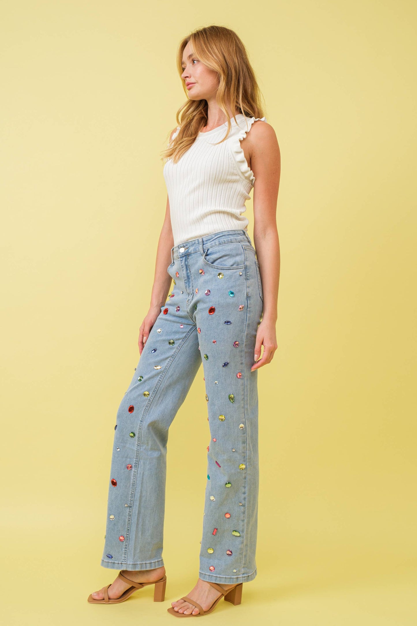 Mid Rise Rainbow Jewel Embellished Denim Jeans