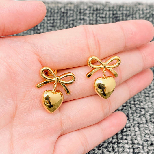 18K Gold Plated Heart Shape Charm Bow Post Earrings