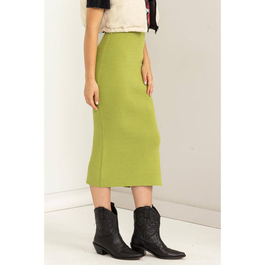 Pale Olive High-waist Ribbed Midi Skirt