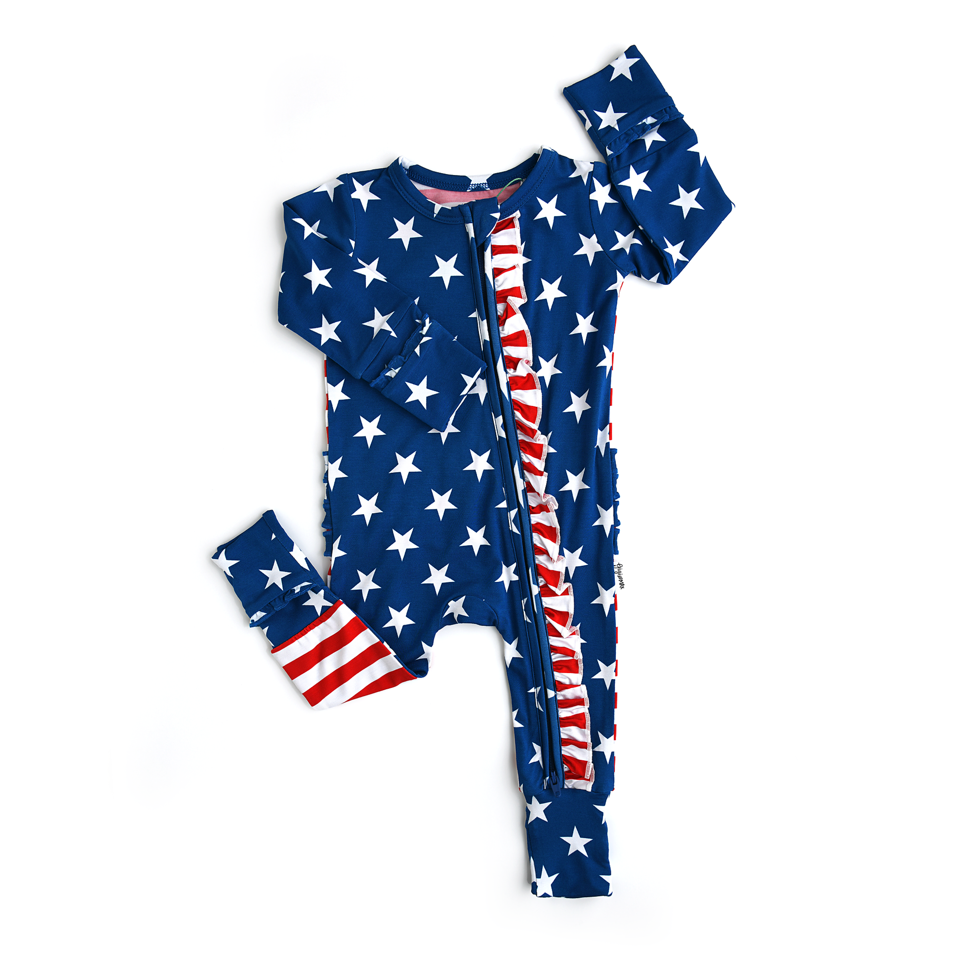 a baby boy's pajamas with stars and stripes on it