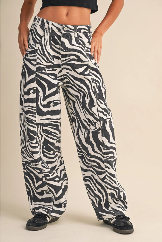Zebra Print Denim Barrel Pants