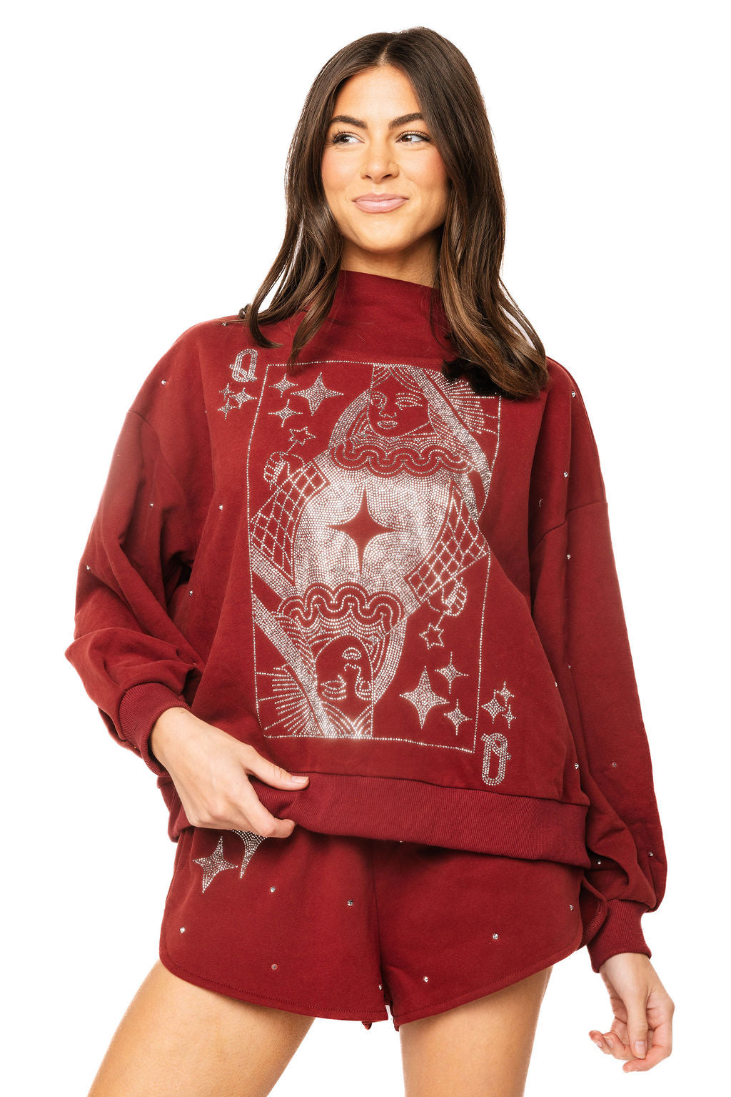Maroon & Grey Scattered Jewel QOS Card Logo Mock Neck Sweatshirt
