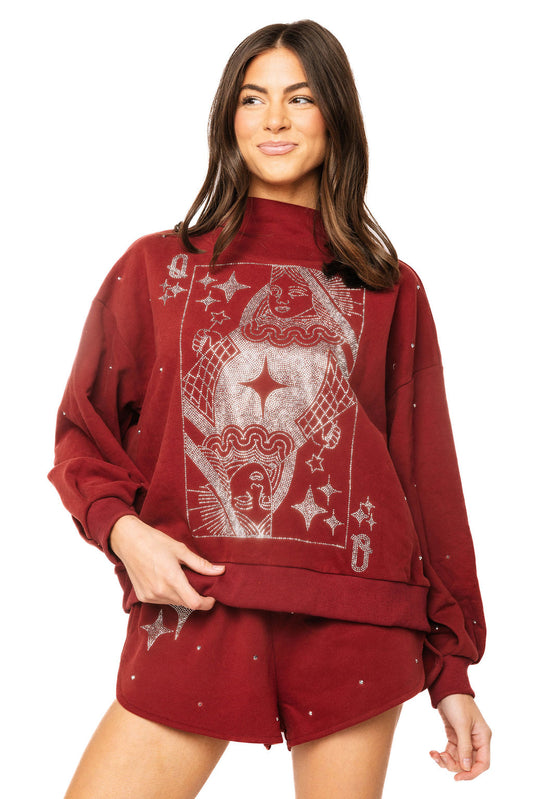Maroon & Grey Scattered Jewel QOS Card Logo Mock Neck Sweatshirt
