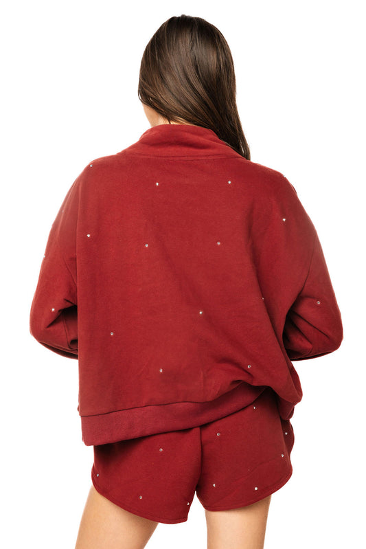 Maroon & Grey Scattered Jewel QOS Card Logo Mock Neck Sweatshirt