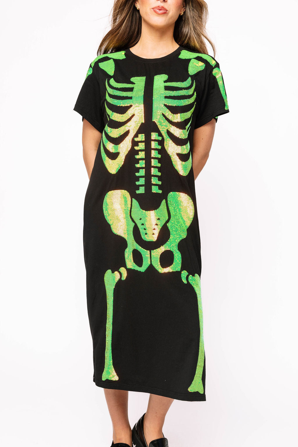 Black & Iridescent Green Skeleton Midi Tee Dress