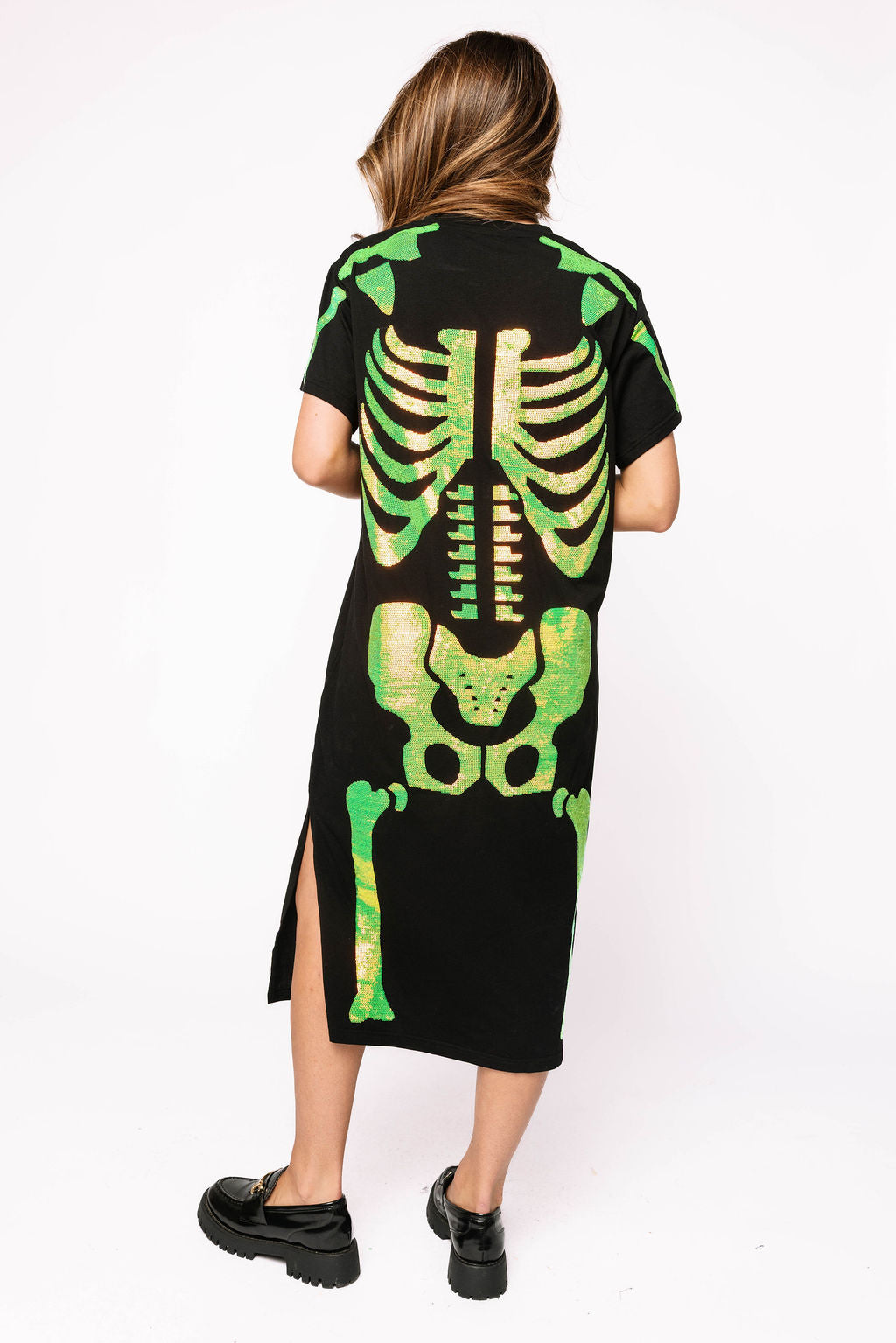 Black & Iridescent Green Skeleton Midi Tee Dress