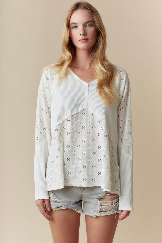 Poppy Long Sleeve V-Neck Eyelet Top