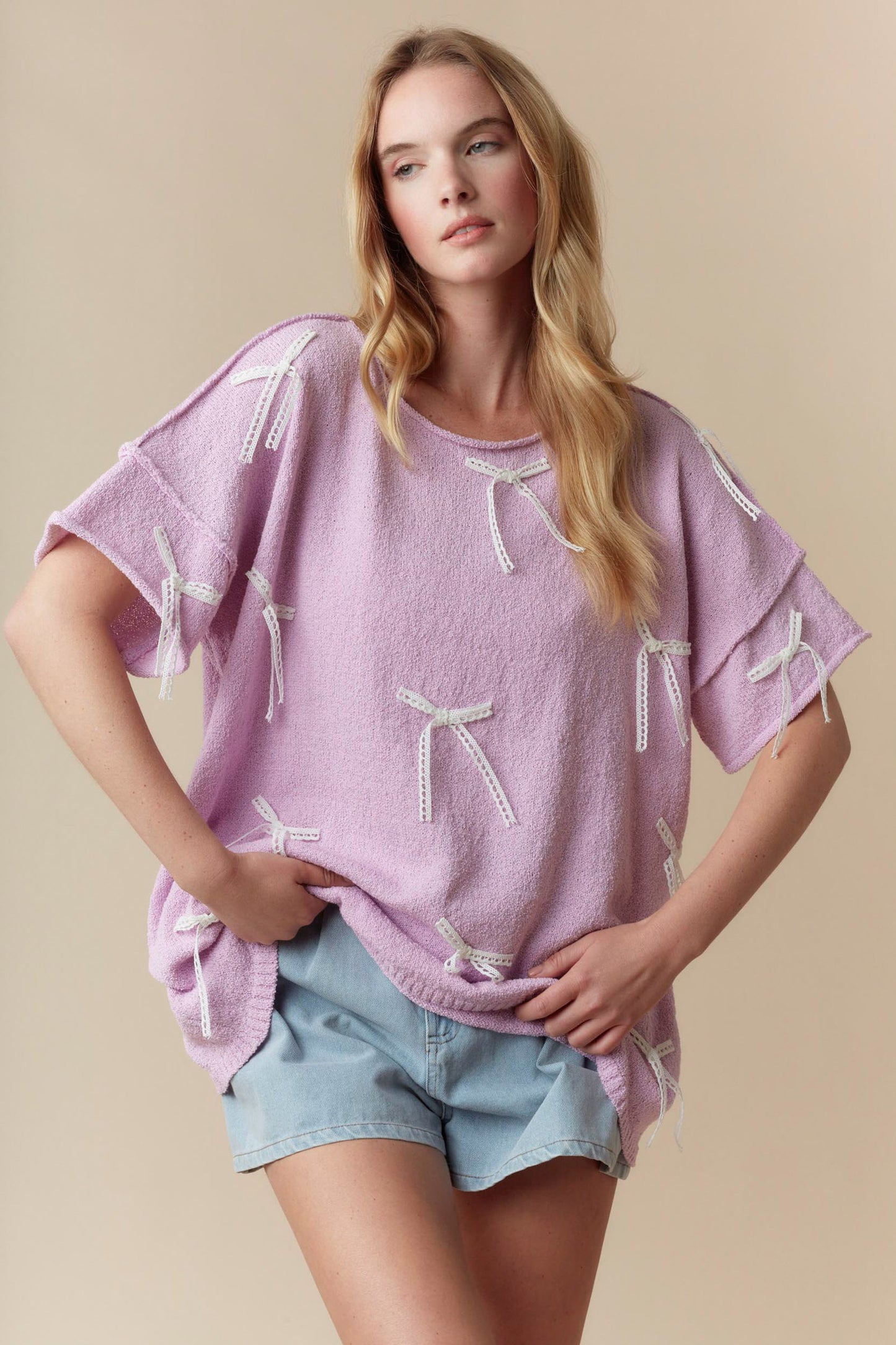 Lavender Lace Bow Short Sleeve Summer Sweater