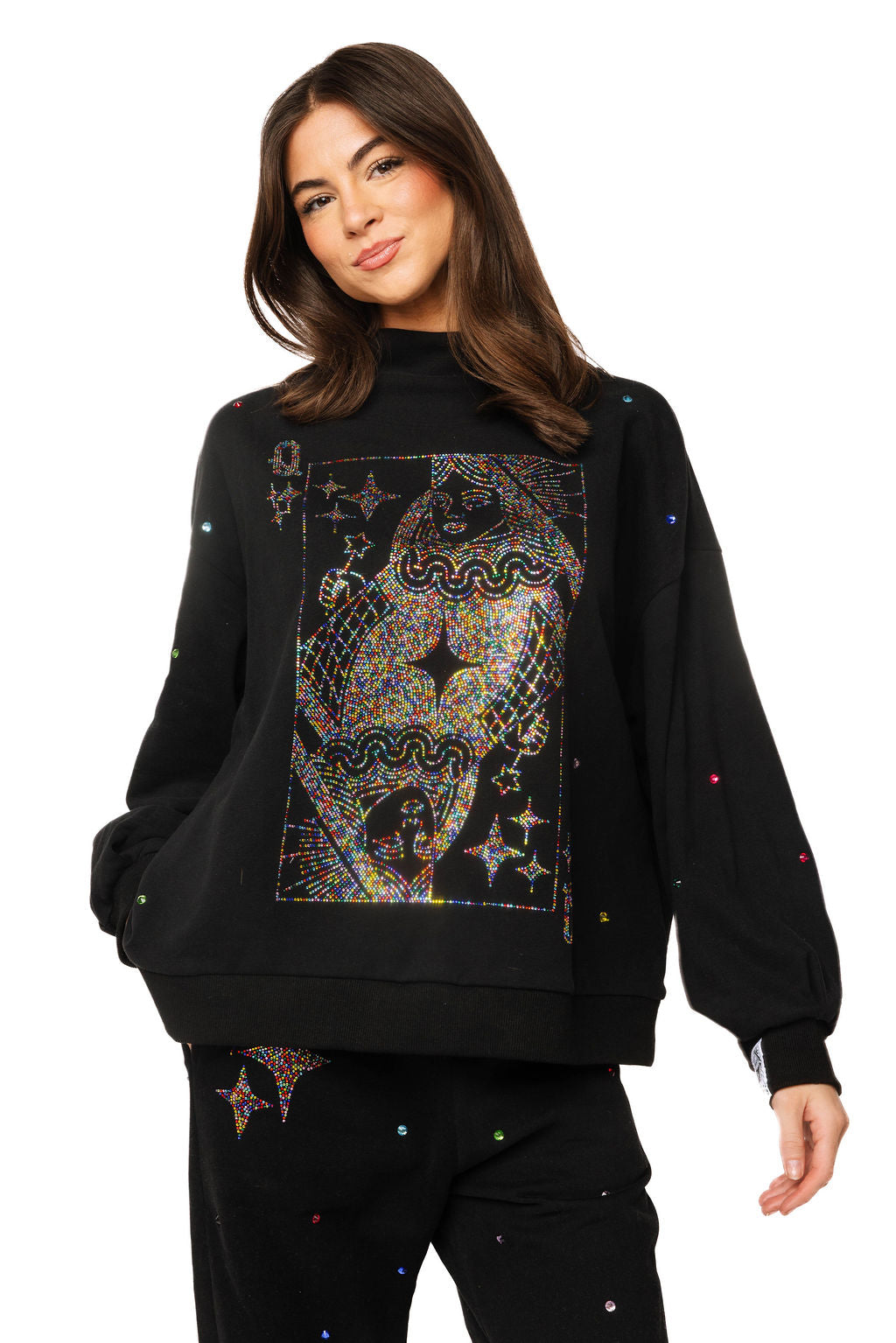 Black Rainbow Rhinestone QOS Card Logo Mock Neck Sweatshirt