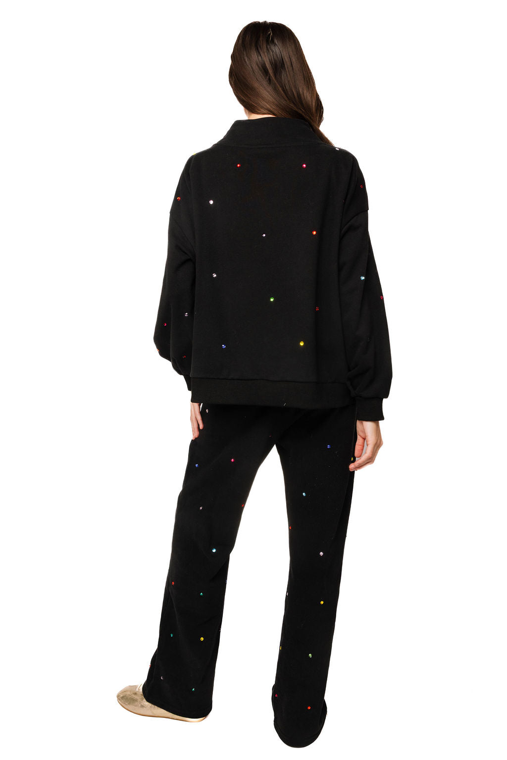 Black Rainbow Rhinestone QOS Card Logo Mock Neck Sweatshirt