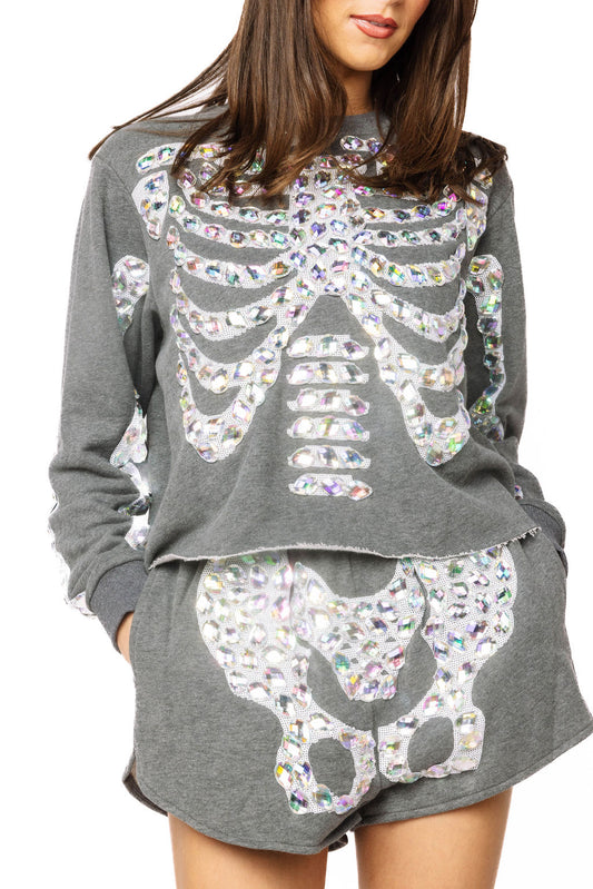 Charcoal Iridescent Jeweled Skeleton Sweatshirt