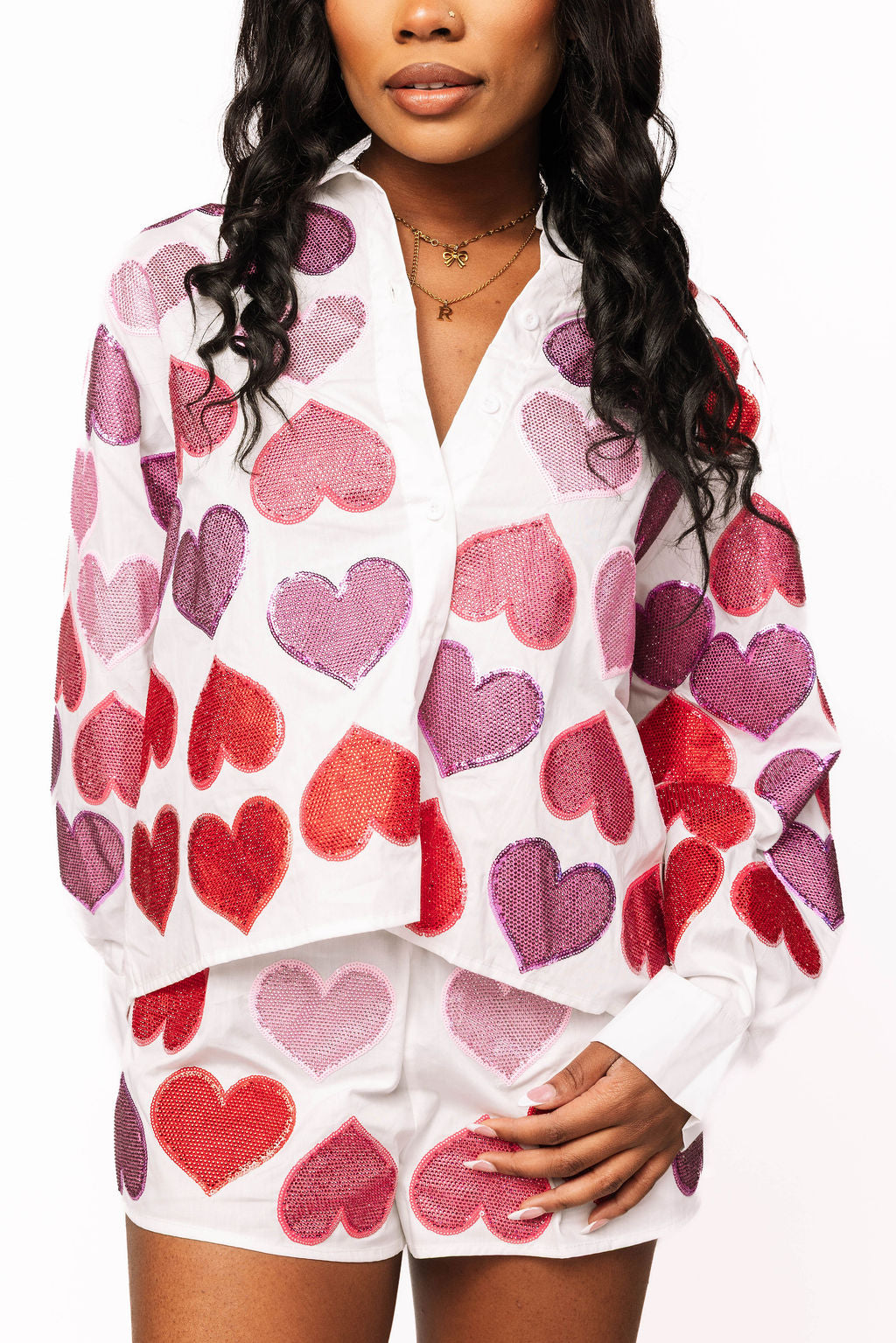 Rhinestone Hearts Button Up