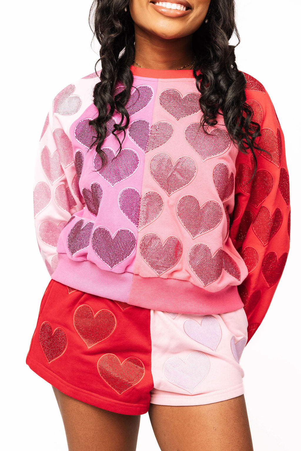 Colorblock Rhinestone Hearts Sweatshirt
