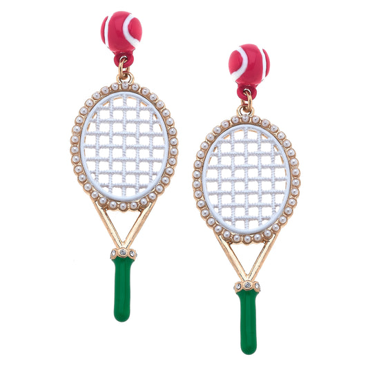 Teddy Enamel Tennis Racket Earrings in Green & Pink