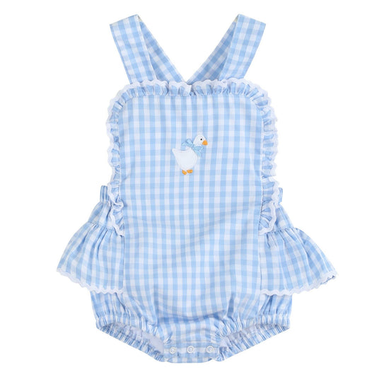 Gingham Goose Lace Bow Ruffle Romper
