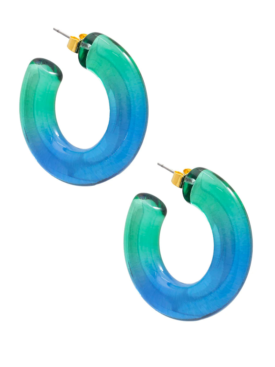 a pair of blue and green hoop earrings