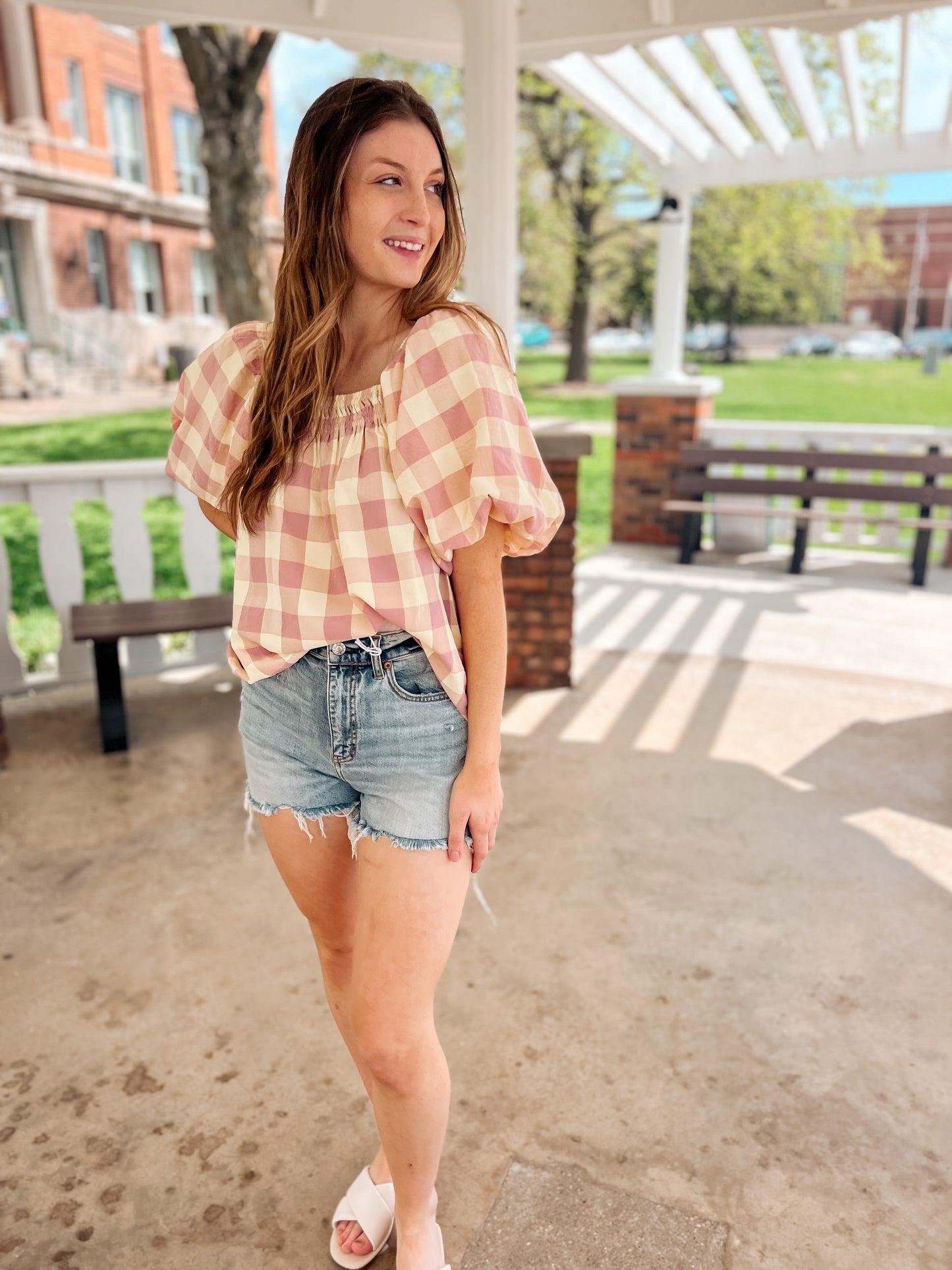 Lemon Sorbet Puff Sleeve Gingham Blouse