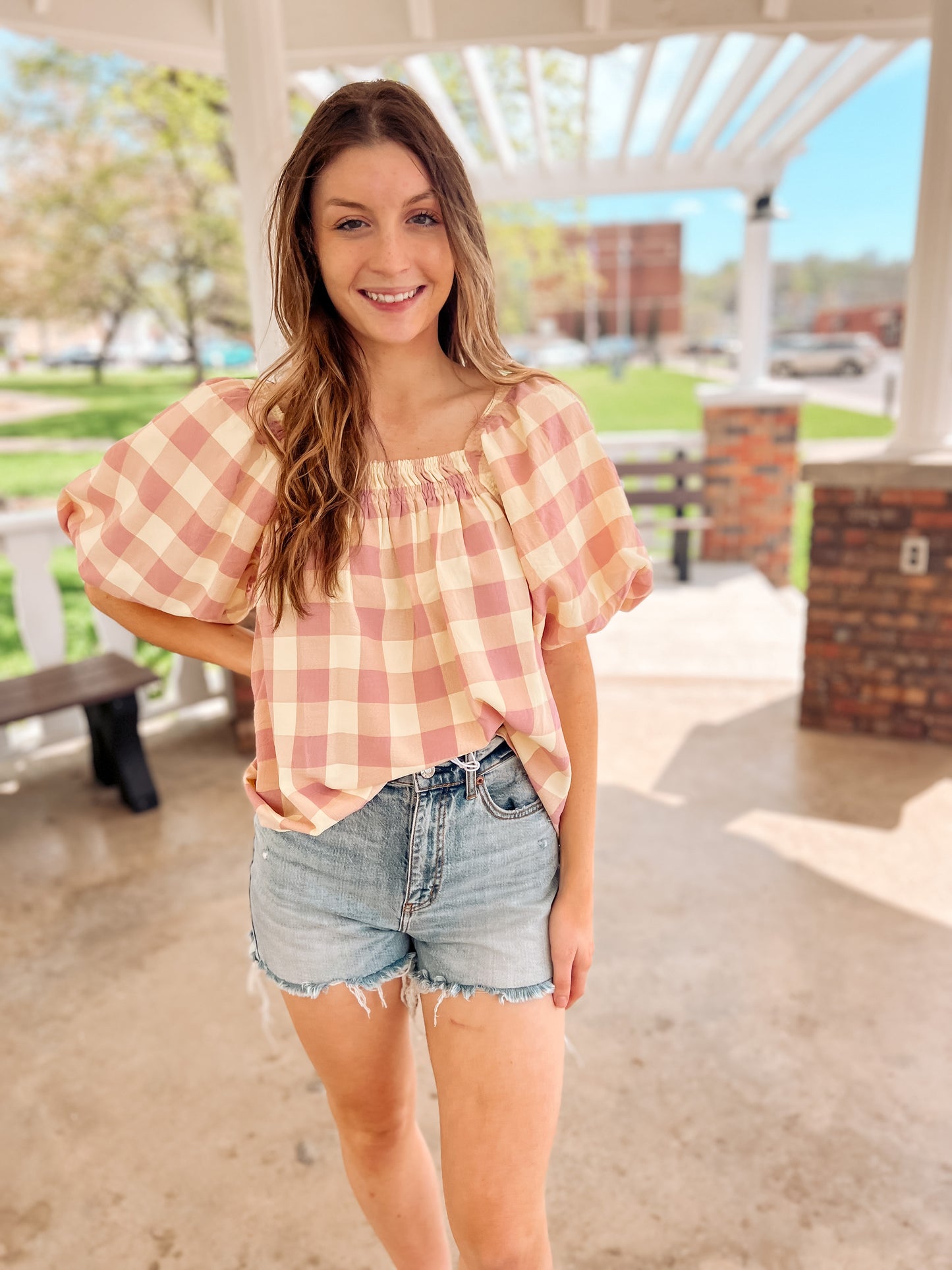 Lemon Sorbet Puff Sleeve Gingham Blouse