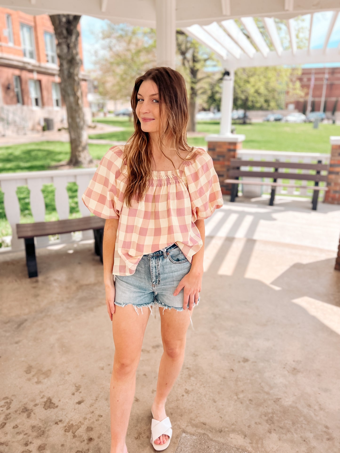 Lemon Sorbet Puff Sleeve Gingham Blouse